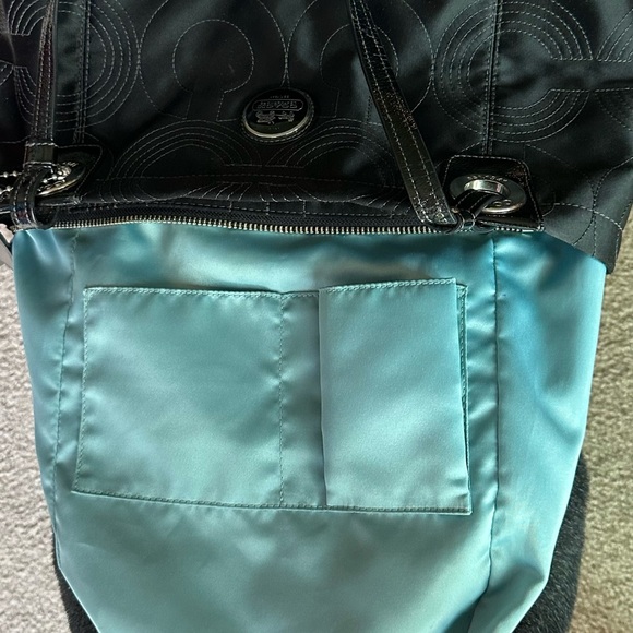 Coach black sateen cloth tote , patent leather trim. - Picture 8 of 12